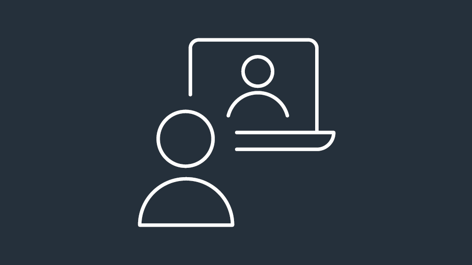 Line-art person using a laptop showing another person on screen.