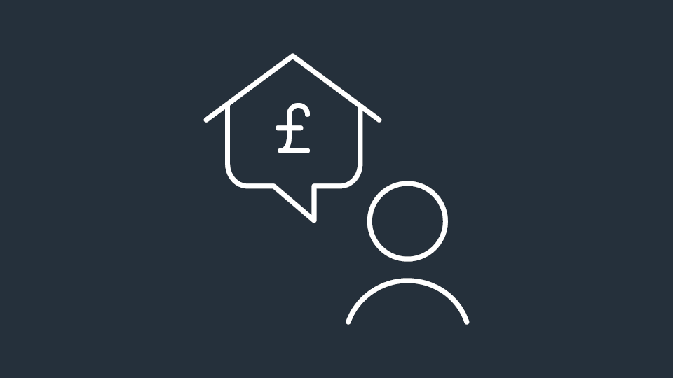 Line-art person beside a house-shaped speech bubble with a pound sign.