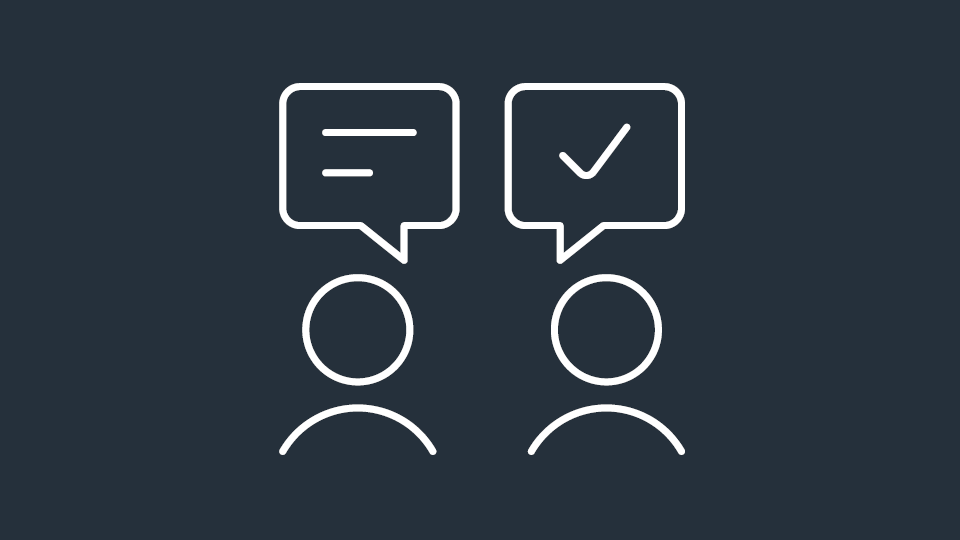 White line icon of two people with speech bubbles, one showing text and the other a tick
