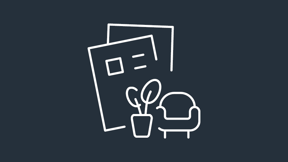 Contents insurance icon showing a document with a chair and plant